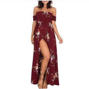 Maroon Floral Off Shoulder Maxi Dress